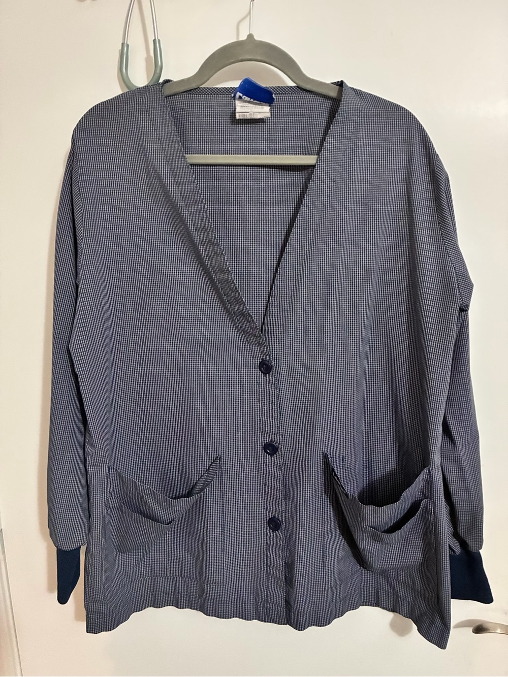 Landau Navy Microcheck Button-Front V-Neck Scrub Top